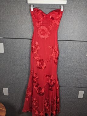 Strapless Red Floral Applique Evening Gown